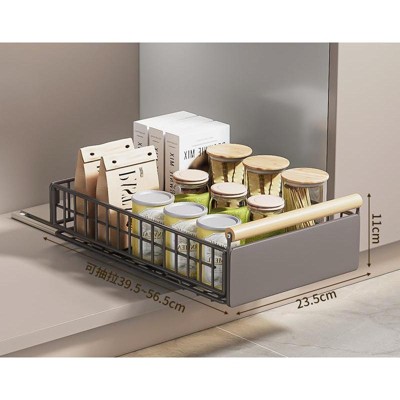 No-Drill Kitchen Cabinet Organizer - Pull-out mesh drawer with wooden handles, adjustable for spices & storage.