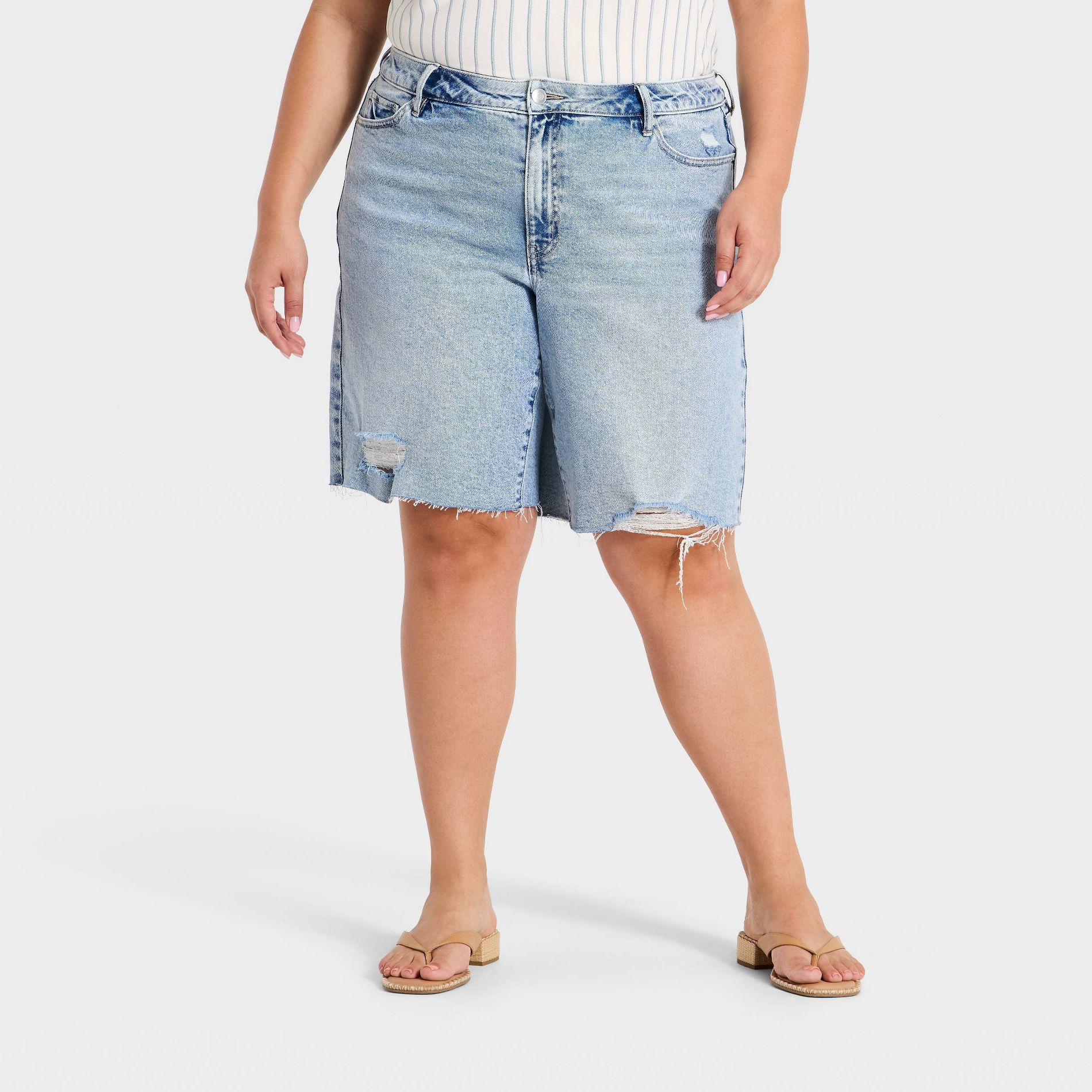 Women's Mid-Rise Distressed Bermuda Jean Shorts - Ava & Viv™ Light Wash