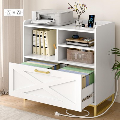 White Lateral File Cabinet with A Large Drawer, Open Adjustable Shelves & Charging Station