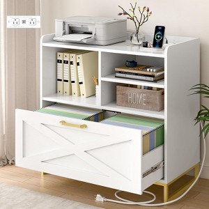 White Lateral File Cabinet with A Large Drawer, Open Adjustable Shelves & Charging Station - 1 of 4