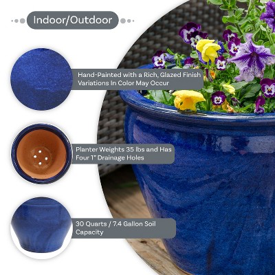 Imperial Blue 18-Inch Ceramic Outdoor Planter with Glazed Finish