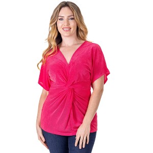 24seven Comfort Apparel Womens V Neck Knot Front Sleeve Top - 1 of 4