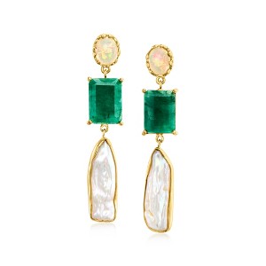 Ross-Simons Opal, 8x26mm Cultured Baroque Pearl and 17.00 ct. t.w. Emerald Drop Earrings in 18kt Gold Over Sterling - 1 of 4