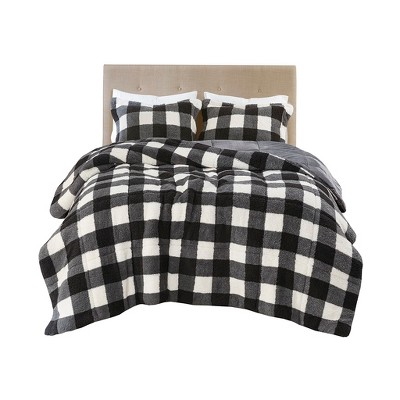Gracie Mills Diego Buffalo Plaid Faux Shearling Down Alternative Comforter Set - King - Ivory/Black