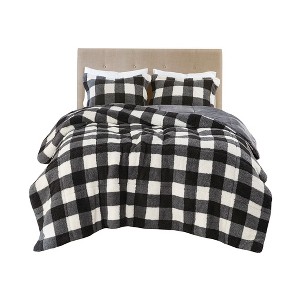Gracie Mills Diego Buffalo Plaid Faux Shearling Down Alternative Comforter Set - King - Ivory/Black - 1 of 4