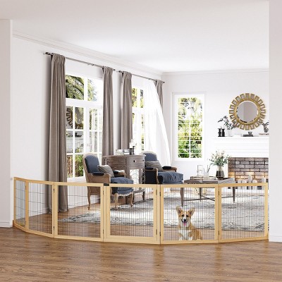 6 Panel Foldable Wooden Dog Gate,170" Pet Safety Barrier with 2 Support Feet for Doorways and Stairs-LAOTIES
