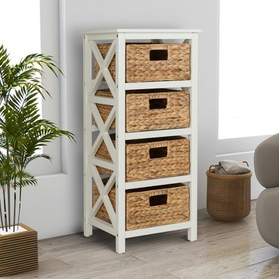 Walnut Wood Freestanding Storage Cabinet with Wicker Baskets