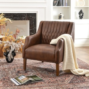 KINWELL Mid-Century Modern Top-Grain Genuine Leather Tufted Upholstered Armchair - 1 of 4