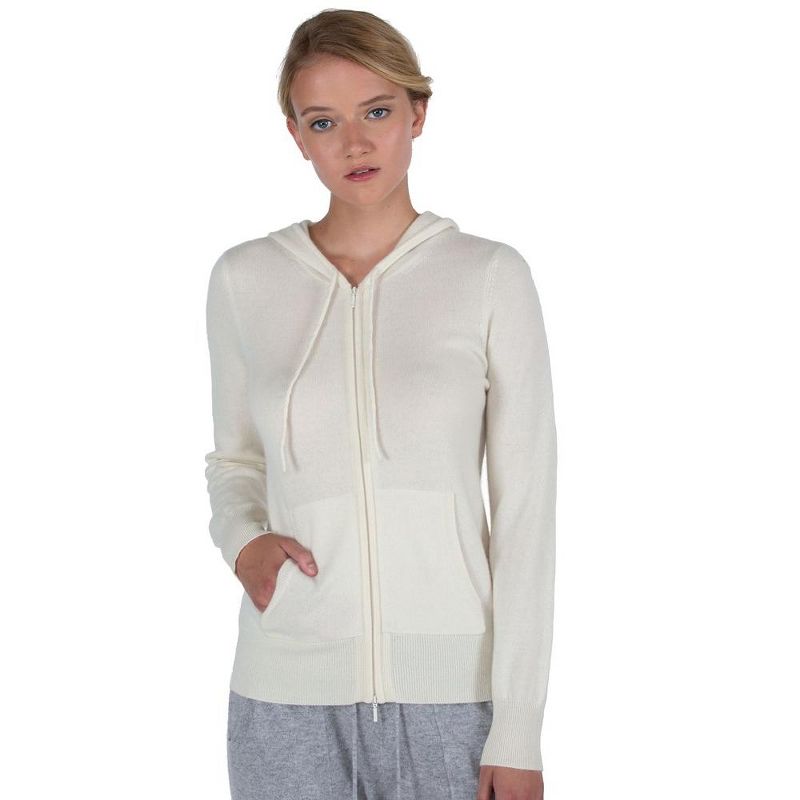 JENNIE LIU Women's 100% Pure Cashmere Long Sleeve Zip Hoodie Cardigan Sweater, 1 of 5