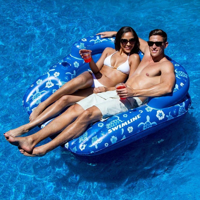 Swimline 90482 Inflatable Double Float 2 Person Tropical Floating Lounger Raft w/ Removable Center Seat or Drink Caddy and 2 Built-In Cupholders, Blue, 4 of 6