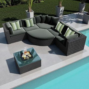 7-Piece Outdoor Patio Sectional Sofa Set with Coffee Table and Striped Pillows, Free Combination - 1 of 4
