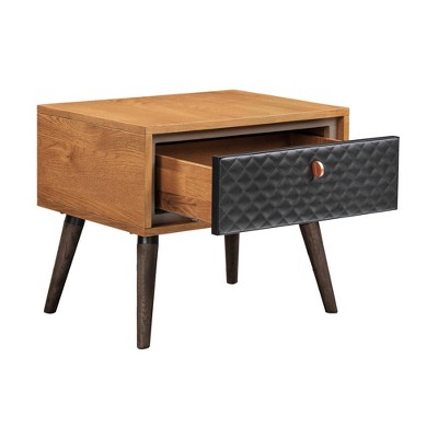 Rustic Oak & Black Leather Tufted 1-Drawer Nightstand