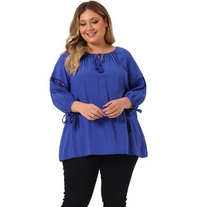 Agnes Orinda Women's Plus Size Tie Tassel V Neck Hollow Bowknot Long Sleeve Casual Blouses - 1 of 4