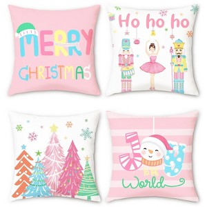 Merry Christmas Nutcrackers Throw Pillow Covers 18 x 18 Inch Xmas Tree Snowman Pink Decorative Pillows - 1 of 4