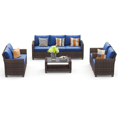 6-Piece Sectional Sofa Set with Dining Table, Plush Cushions, Brown & Blue PE Wicker, Weather-Resistant & Modular Design