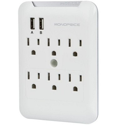 Monoprice Power & Surge - 6 Outlet Power Surge Protector Wall Tap With 2 Built In 2.4A USB Ports - White | UL Rated 540 Joules With Protected Light