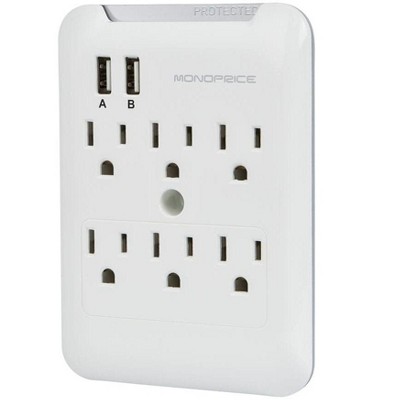 Monoprice Power & Surge - 6 Outlet Power Surge Protector Wall Tap With 2 Built In 2.4A USB Ports - White | UL Rated 540 Joules With Protected Light