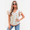 Amaryllis Women’s Retro Floral Diamond Print Blouse Short Flutter Sleeve Loose Fit Lightweight Casual Top - 3 of 4