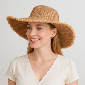Anna-Kaci Wide Brim Straw Floppy Hat with Frayed Edges Lightweight Sun Protection for Beach Vacation Outdoor Travel Style - 1 of 4