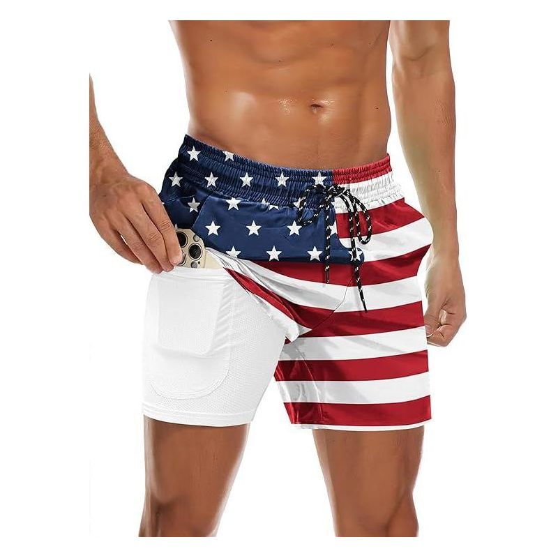 COOFANDY Men's Swim Trunks Quick Dry Bathing Suit with Pockets Swimwear Beach Board Short Swimsuit American Flag S