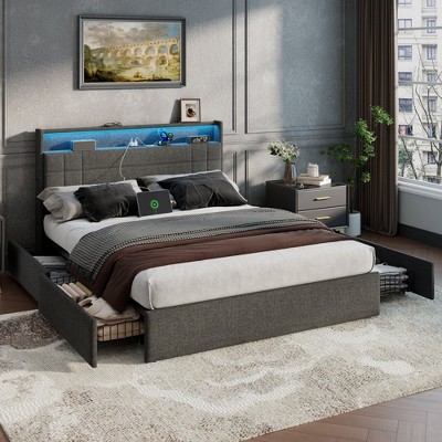 Furnulem Queen Bed Frame with Headboard Grey Upholstered Platform Bed with 4 Storage Drawers Built-in LED Lights Charging Station Metal Slats Support