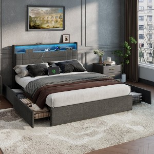 Furnulem Queen Bed Frame with Headboard Grey Upholstered Platform Bed with 4 Storage Drawers Built-in LED Lights Charging Station Metal Slats Support - 1 of 4
