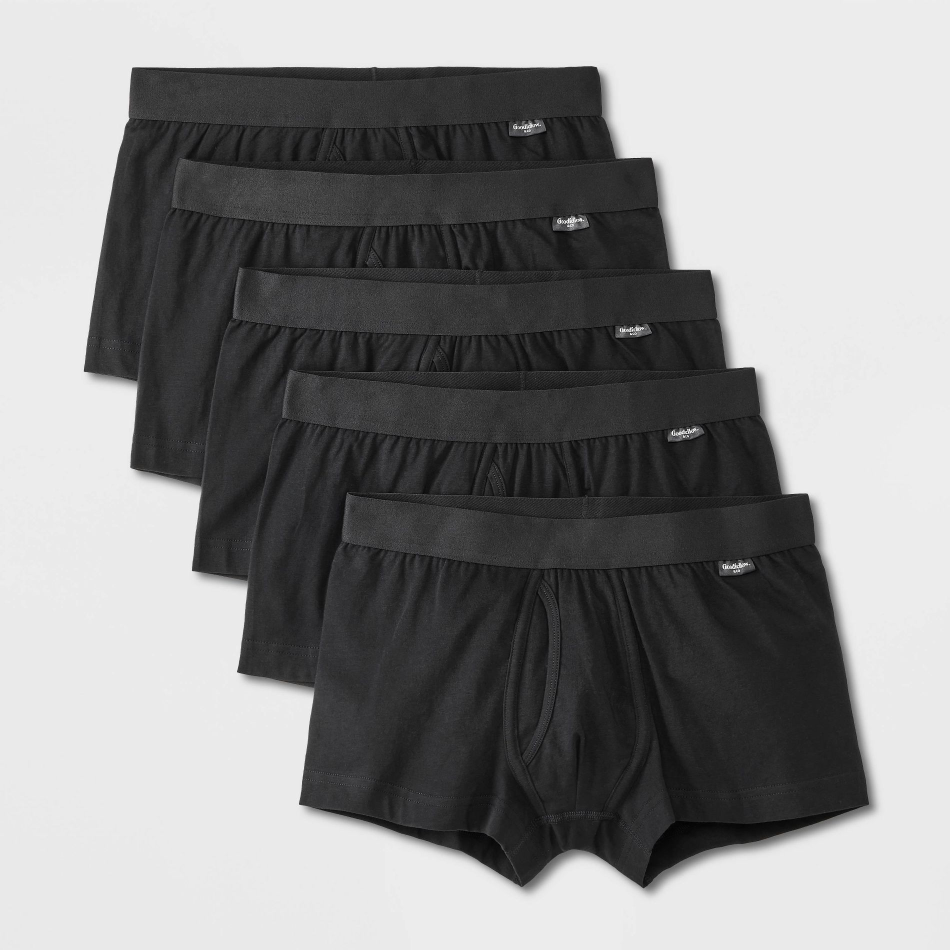 Men's Trunks 5pk - Goodfellow & Co™ Black M: Cotton Elastane Blend, Mid Rise, Jersey Fabric