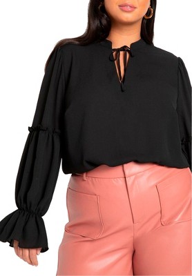 ELOQUII Women's Plus Size Ruffle Detail Blouse With Ties