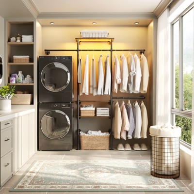 Besiost 87-In Wall-mounted Closet Organizer System with 4 Hanging Rods, Heavy-duty Garment Rack with Storage Shelves