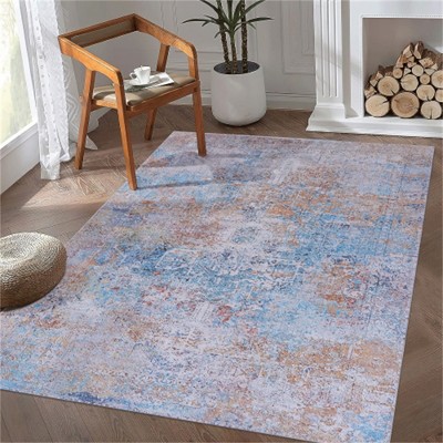 SKRAN Machine Washable Area Rugs, Low-Pile, Non-Slip, Non-Shedding, Foldable, Kid & Pet Friendly for Living Room, Bedroom (Yellow/Cream)