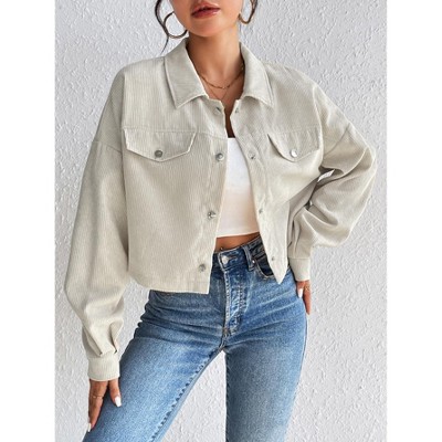 Женские куртки YesFashion Women's Corduroy Jacket Casual Button Shirt Jacket Stand Collar Short Coat Fall Spring Outerwear Apricot XL — фото 3