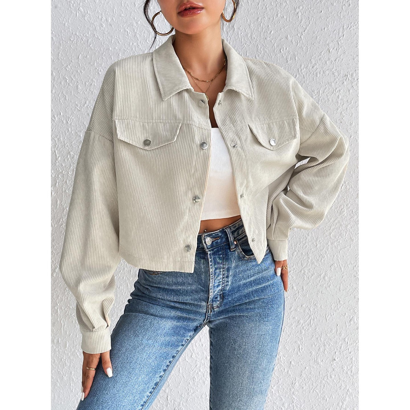 Женская куртка YesFashion Corduroy Jacket Casual Button Shirt Jacket Stand Collar Short Coat Fall Spring Outerwear Apricot — фото 3