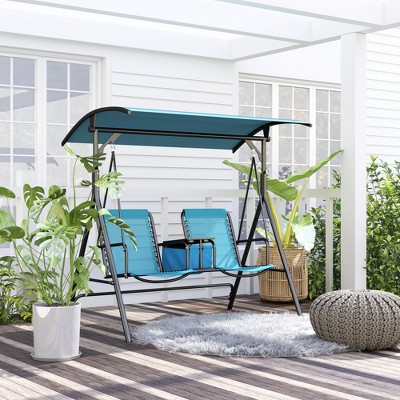 Blue 2-Person Outdoor Swing with Adjustable Canopy and Storage