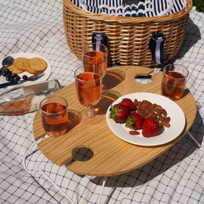 Natural Wicker Four Person Picnic Basket with Wooden Lid