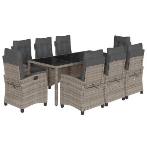 vidaXL 9 Piece Patio Dining Set with Cushions - Gray Poly Rattan Adjustable Reclining Chairs, Tempered Glass Table for Garden/Backyard - 1 of 4