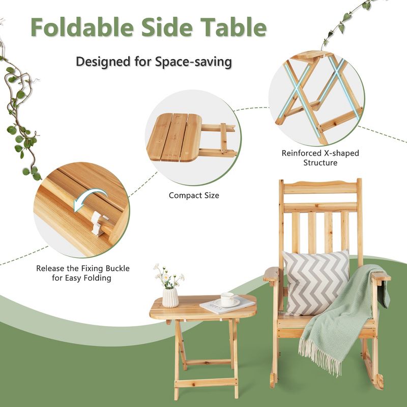Costway 2PCS Patio Wooden Rocking Chair Bistro Set High Backrest W/Folding Side Table, 5 of 9