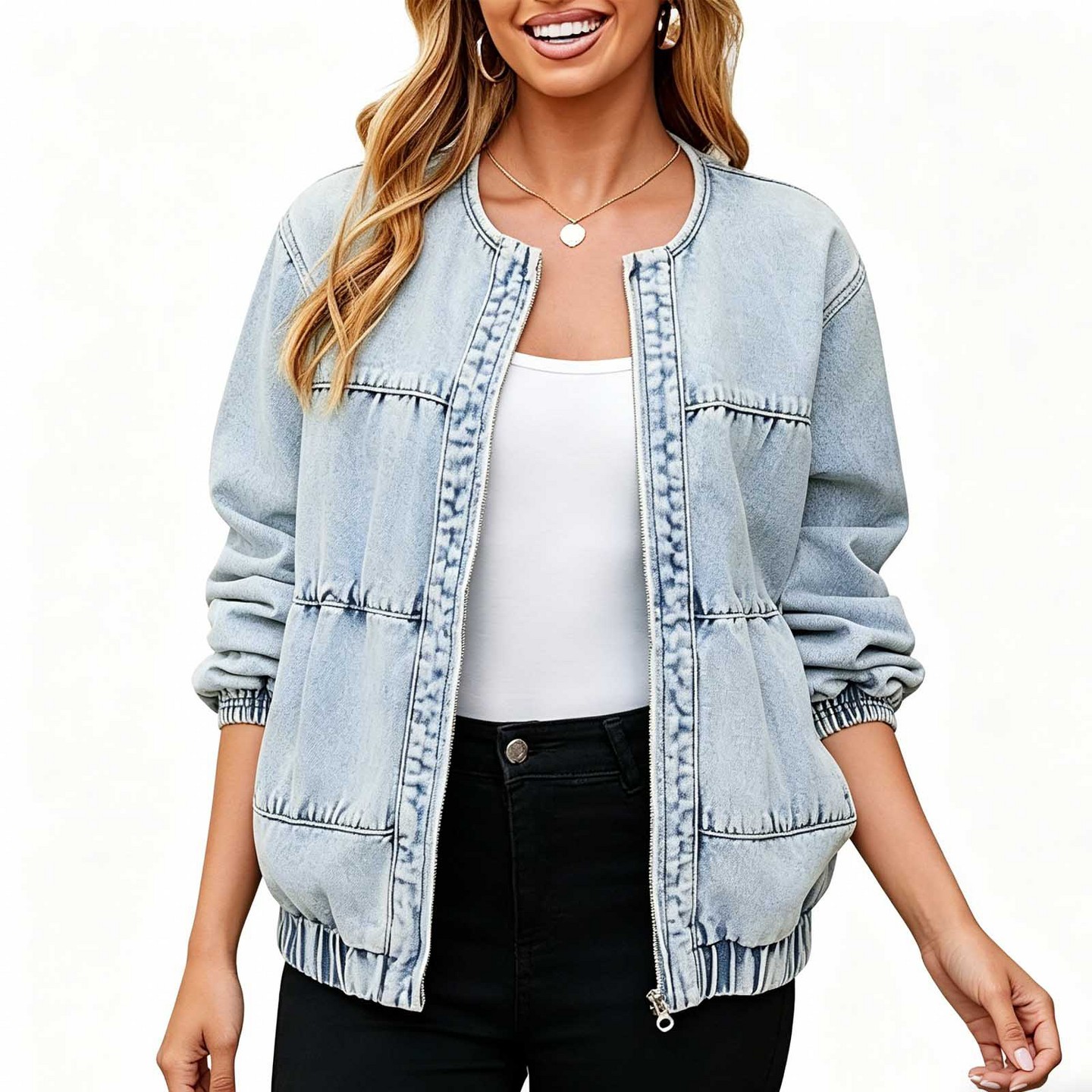 Женская куртка YesFashion Casual Round Neck Denim Jacket, Zip Up Loose Fit Bomber Outerwear Coat Light blue, цвет: Джинсовый — фото 1