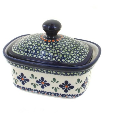 Blue Rose Polish Pottery Mosaic Flower Butter Tub