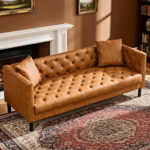 81" Mid-Century Modern Leather Sofa for Living Room, Chesterfield Sofa with Deep Seats and 2 Pillows - 1 of 4