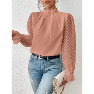 Coolmee Women's Long Frill Sleeve Stand Collar Shirts Elegant Office Workwear Blouse Business Dressy - 1 of 4