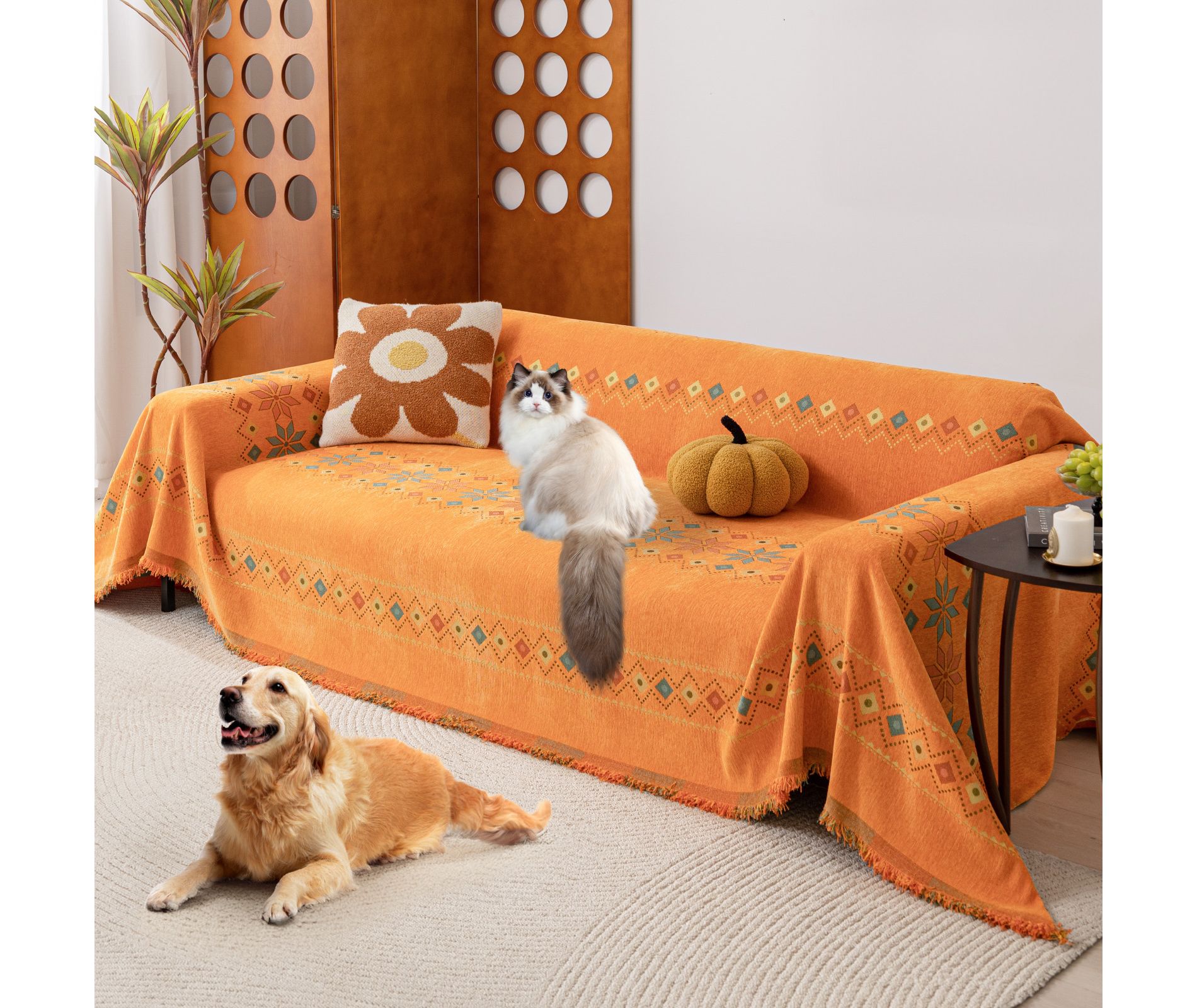 Bekrvio Soft Chenille Couch Covers for Pets Washable Tassel Sofa Blanket Slipcover Cat Scratch Proof Couch Protector, 71'' x 102'' Yellow