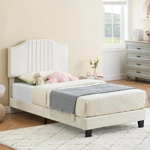 Twin Bed Frame Upholstered Platform with Headboard, Velvet Fabric Wrap, Non-Slip and Noise-Free,No Box Spring Needed - 1 of 4