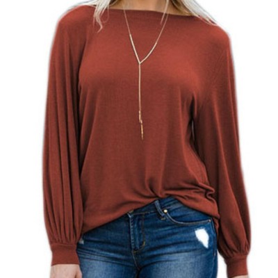Amaryllis Women's Long-Sleeve Casual Boat Neck Loose-Fit Blouse Soft Stretchy Knit