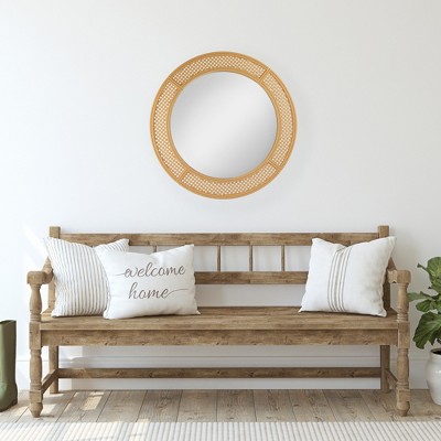 30" Round Rattan Weaved Wall Mirror with Glass
