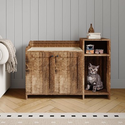 Cat Litter Box Enclosure Furniture, Hidden Litter Box Cabinet, Indoor Wooden Cat Washroom with Storage, Pet House
