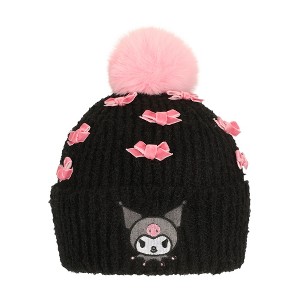 Kuromi Pearls Adult Black Cuffed Knit Beanie With Pink Pom - 1 of 4