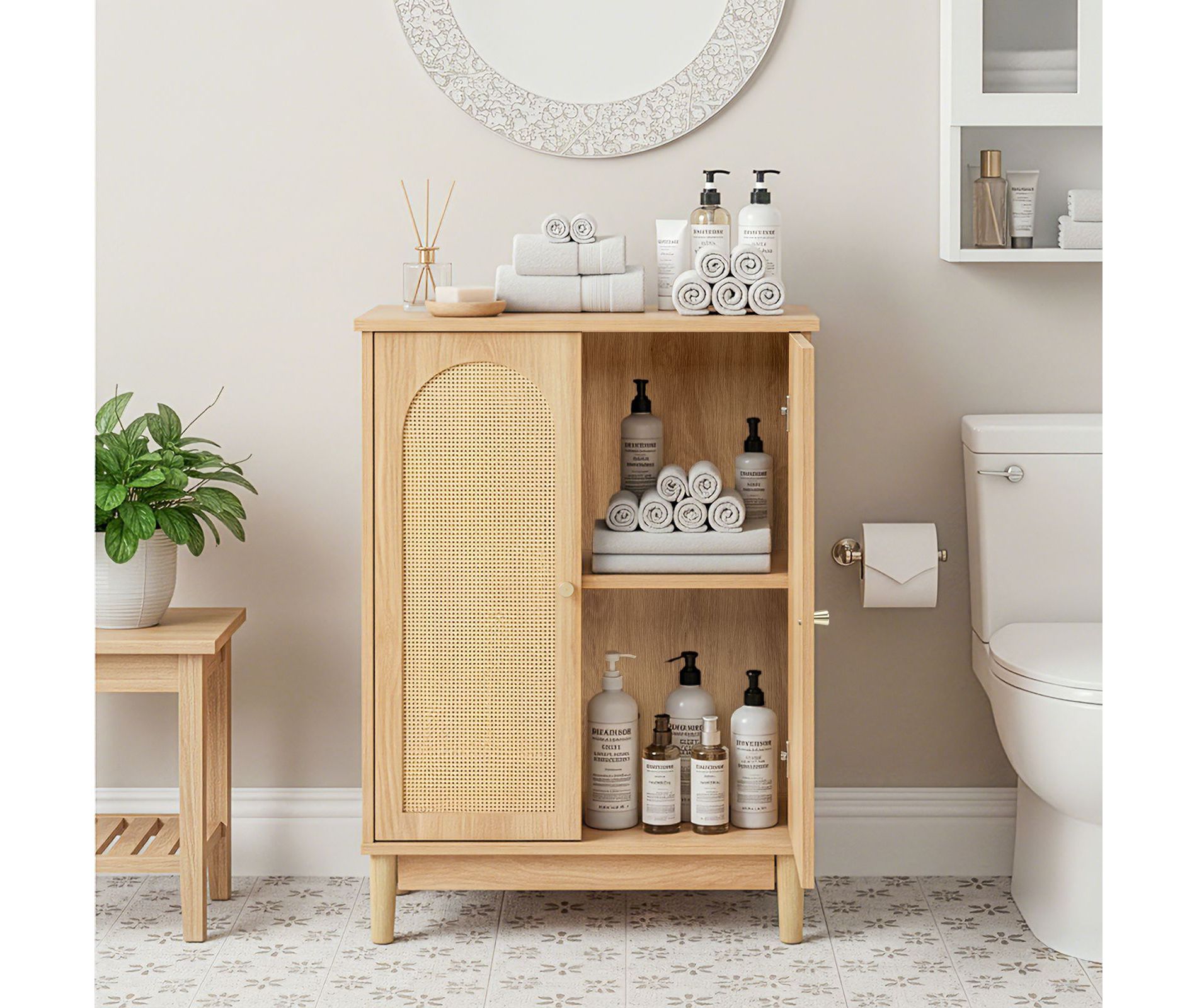Original Wooden Bathroom Cabinet with Rattan Surface and Double Doors