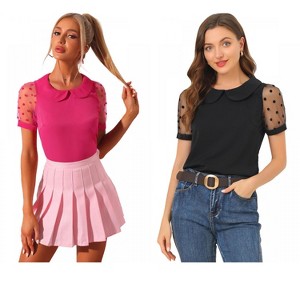 Allegra K Women's Vintage Peter Pan Collar Puff Polka Dots Mesh Short Sleeve Blouse 2 Packs - 1 of 4