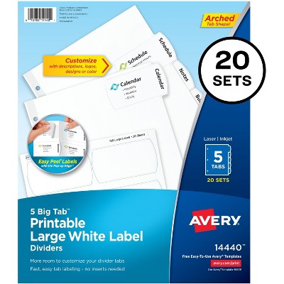 Avery Big Tab Large White Label Tab Dividers 5-Tab Letter 14440