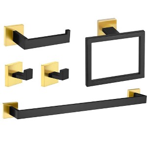 Itopfox 5 Piece Black and Gold Bathroom Hardware Set Stainless Steel Wall Mount 23.6 Inch Towel Bar Toilet Paper Holder Hooks Ring - 1 of 4